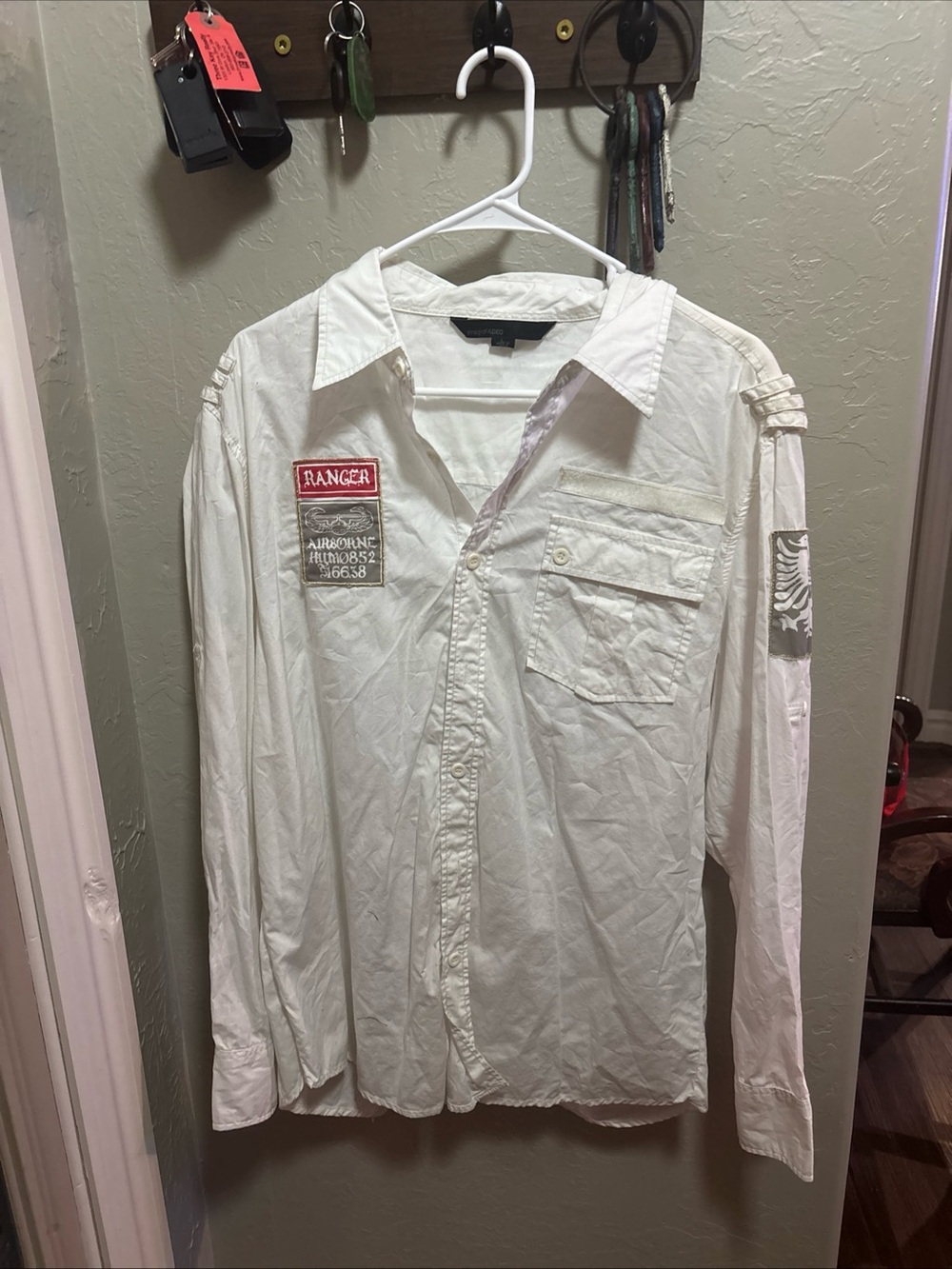 Straight Faded Shirt Mens Large White Ranger Airborne Patch Long Sleeve Button